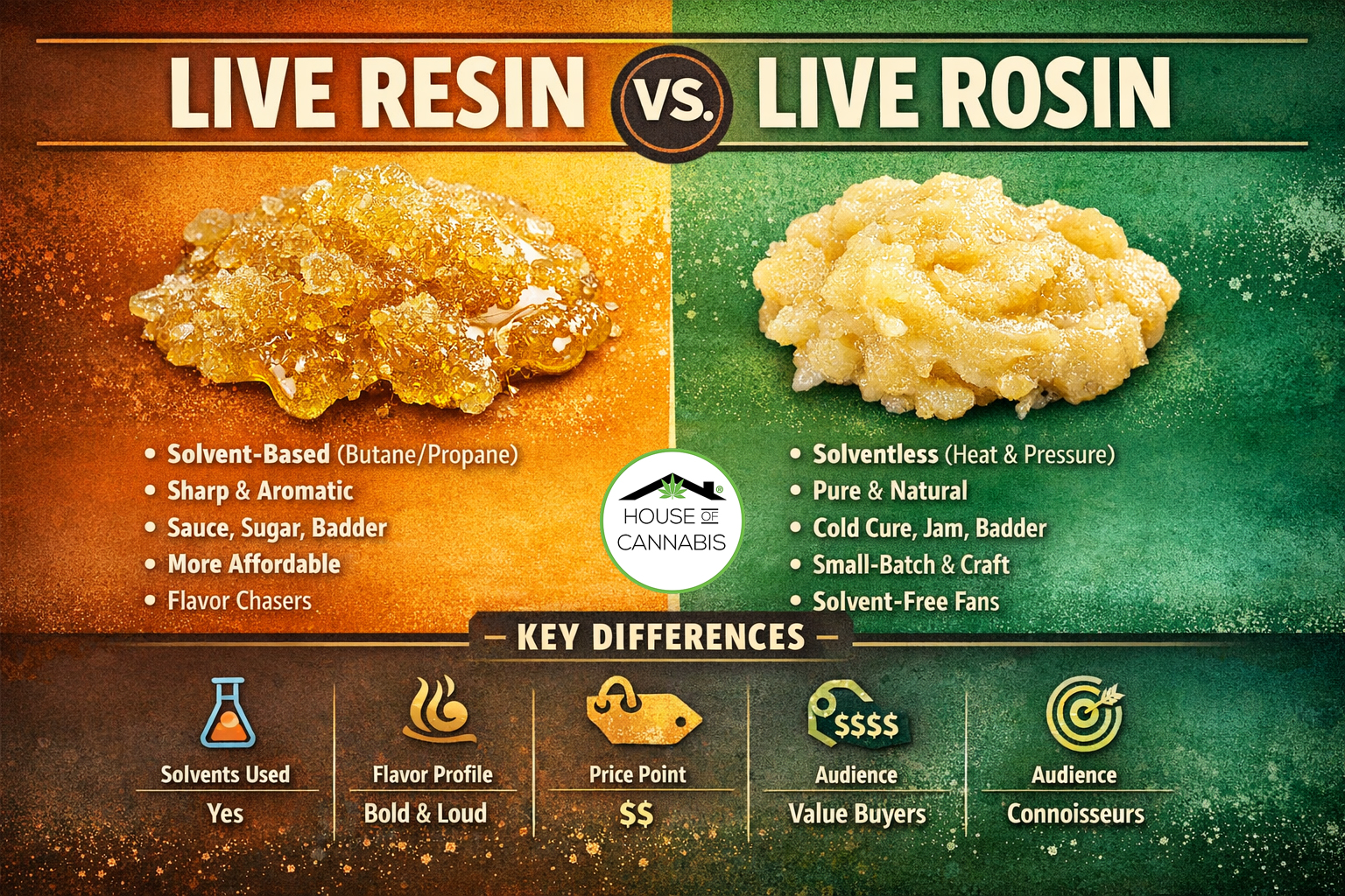 a graphic depicting key differences between Live Resin & Live Rosin